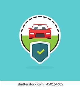 Car insurance logo isolated on blue background, automobile protected with shield, auto protection sign flat label badge