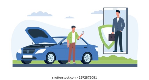 Car insurance, man calls insurance service because of car breakdown. Agent on smartphone screen. Compensation for damage after transport accident on road, cartoon flat style vector concept