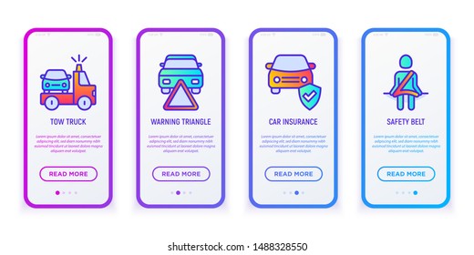 Car insurance mobile user interface: tow truck, warning triangle, safety belt. Thin line icons. Modern vector illustration.