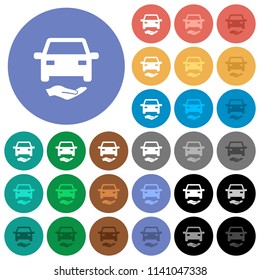 Car insurance multi colored flat icons on round backgrounds. Included white, light and dark icon variations for hover and active status effects, and bonus shades on black backgounds.