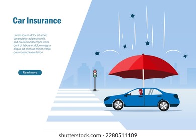 Car insurance. Car on street under protection from umbrealla. Car accident, travel and car insurance concept. Vector illustration.