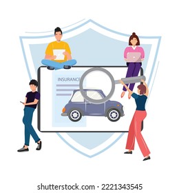 Car insurance with people searching a right insurance company. Online insurance for the car. People with their devices. Car insurance, protection, car rental, damage concept illustration with people.