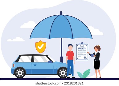 Car insurance policy concept contract document with shield or safety agreement vector illustration