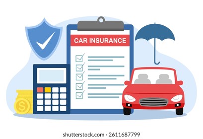 Car Insurance policy concept. Document report with shield and car.