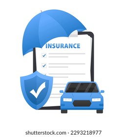 Car Insurance policy concept. Report with a document with a shield and a car. Car insurance icon vector document. Umbrella that protects automobile. Financial or legal transaction. Vector illustration