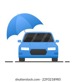 Car Insurance policy concept. Report with a document with a shield and a car. Car insurance icon. Umbrella that protects automobile. Financial or legal transaction. Vector illustration