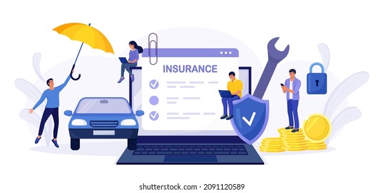 Car insurance policy form on laptop screen. Insurance agent or salesman providing security document. People buying auto, leasing. Protection, warranty of vehicle from accident, damage or collision