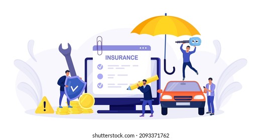 Car Insurance Policy Form On Computer Screen. Insurance Agent Or Salesman Providing Security Document. People Buying Auto, Leasing. Protection, Warranty Of Vehicle From Accident, Damage Or Collision