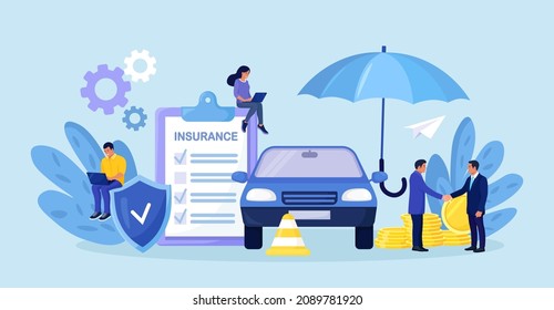 Car insurance policy form with shield, umbrella. Insurance agent or salesman providing security document. People buying auto, leasing Protection, warranty of vehicle from accident, damage or collision