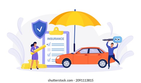 Car insurance policy form with shield, umbrella. Insurance agent or salesman providing security document. People buying auto, leasing Protection, warranty of vehicle from accident, damage or collision