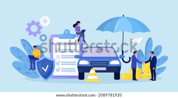 Car insurance policy form with shield,\
umbrella. Insurance agent or salesman providing security document.\
People buying auto, leasing Protection, warranty of vehicle from\
accident, damage or\
collision