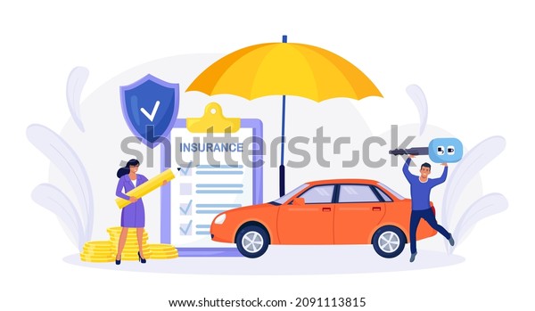 Car insurance policy form with shield,
umbrella. Insurance agent or salesman providing security document.
People buying auto, leasing Protection, warranty of vehicle from
accident, damage or
collision