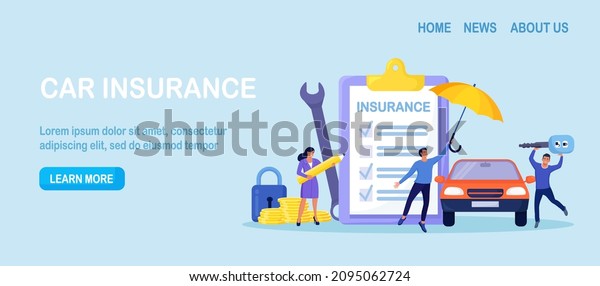 Car insurance policy form with umbrella.\
Insurance agent or salesman providing security document. People\
buying auto, leasing. Protection, warranty of vehicle from\
accident, damage or\
collision