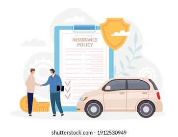 Car insurance policy. Man handshake with agent. Contract for safe and protect automobile from disaster or crash. Guarantee vector concept. Agreement for damaged vehicle service, deal