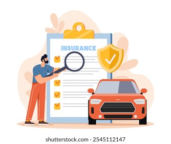 Car Insurance policy. Man with magnifying glass near clipboard and red automobile. Safety and security. Transport and vehicle protection. Flat vector illustration isolated on white background