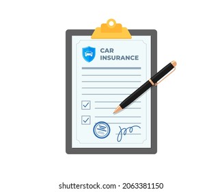 Car insurance policy on clipboard with pen. Contract for guarantee of repairs in event of road accident, breakdown or auto crash. Law legal preparedness transport accident risk vector eps illustration