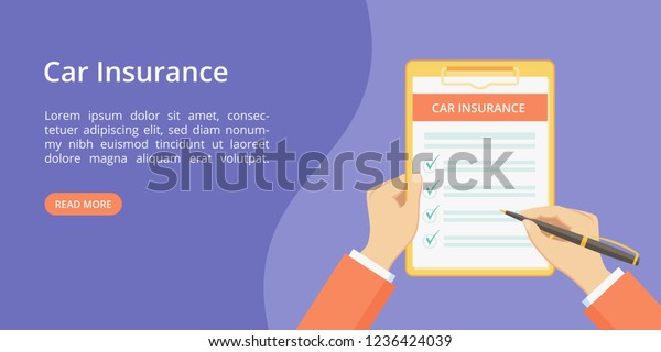Car insurance policy on clipboard with hands\
landing page concept. Online service for auto insurance quotes\
violet web page with flat man hands, filing car policy checklist\
form on clipboard