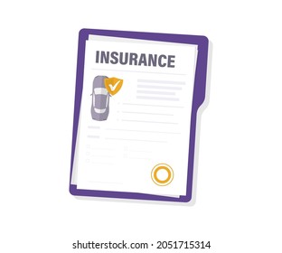 Car insurance. Insurance policy. Protecting car. Document for obtaining insurance payment and car protection. Car insurance service, protection property. Shield with check mark