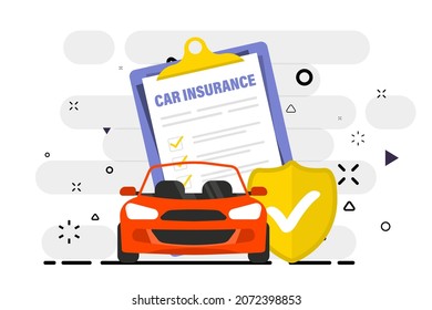 Car insurance. Insurance policy. Car with shield. Document for obtaining insurance payment and car protection. Shield with check mark. Car insurance service, protection property. Auto safety concept