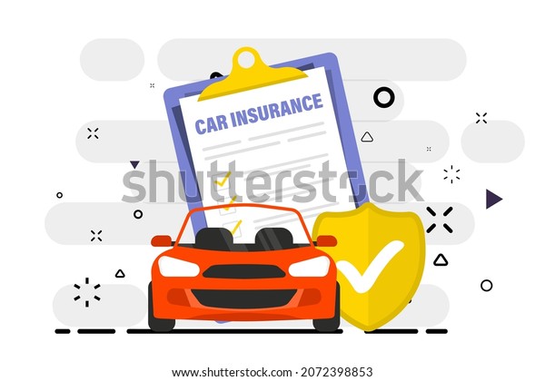 Car insurance. Insurance policy. Car with shield.\
Document for obtaining insurance payment and car protection. Shield\
with check mark. Car insurance service, protection property. Auto\
safety concept