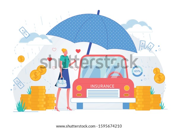 Car Insurance, Private Transport Accidental\
Damage and Theft Case Compensations and Recovery Policy. Woman\
Cartoon Character Holding Protective Umbrella over Automobile. Flat\
Vector Illustration.