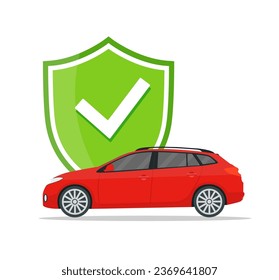 Car insurance, protection concept. Auto with safety shield and check mark. Security safe for vehicle in case of accident, disaster, theft. vector illustration