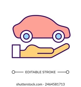 Car insurance RGB color icon. Hand holding car. Selling automobile. Car ownership. Commercial offer. Buying vehicle. Isolated vector illustration. Simple filled line drawing. Editable stroke