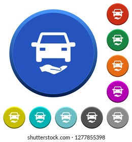Car insurance round color beveled buttons with smooth surfaces and flat white icons