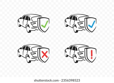 Diseño del logotipo de seguro y seguridad de automóviles. Coche con un escudo dentro del cual: diseño vectorial de marca de verificación, cruz roja y marca de exclamación