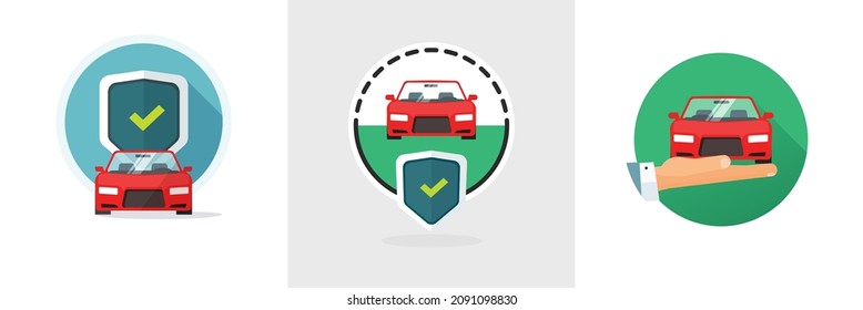 Car insurance secure icon vector with shield protection and auto safe protection security hand as assurance reliability guarantee and automobile support warranty guard flat cartoon logotypes