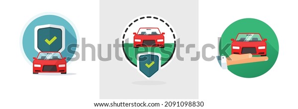 Car insurance secure icon vector with shield\
protection and auto safe protection security hand as assurance\
reliability guarantee and automobile support warranty guard flat\
cartoon logotypes