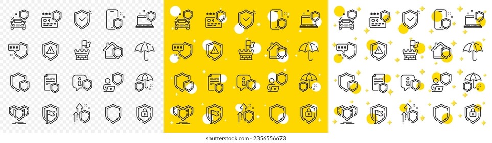 Car insurance, Secure shield and Safe umbrella. Defense line icons. Safety risk, Computer security and Defense privacy icons. Secure online information, Tower castle and protect shield. Vector