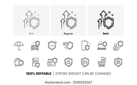 Seguro de carro, escudo seguro e guarda-chuva seguro. Ícones da linha de defesa. Risco de segurança, Ícones de privacidade de segurança do computador e defesa. Informações on-line seguras, castelo da torre e escudo de proteção. Vetor