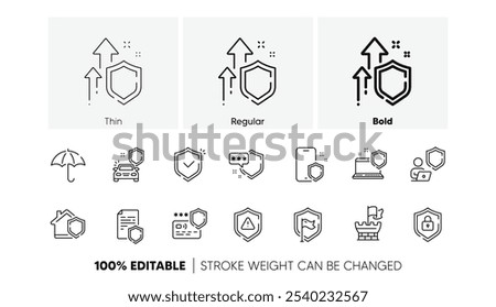 Car insurance, Secure shield and Safe umbrella. Defense line icons. Safety risk, Computer security and Defense privacy icons. Secure online information, Tower castle and protect shield. Vector