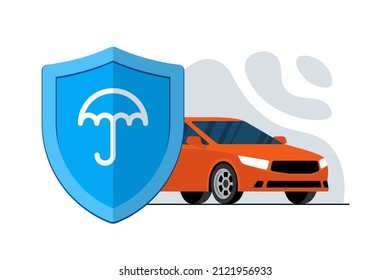 Car insurance or security banner concept. Umbrella on blue shield sign with automobile. Transport protection and safety advertising design. Auto vehicle guard service vector eps illustration