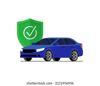 Car insurance or security banner concept. Check mark on green shield sign with automobile. Transport protection and safety advertising design. Auto vehicle guard service vector illustration