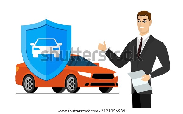 Car insurance in service center banner.\
Businessman with document shows thumbs up. Blue shield sign with\
automobile. Transport protection and security advertising design.\
Auto vehicle guard service