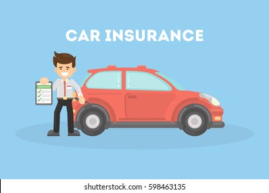 Car insurance in service center. Businessman shows the document of car protection.