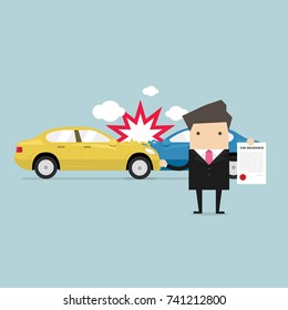 Car insurance in service center. Businessman shows the document of car protection. vector