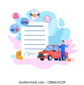 Car Insurance Service Flat Vector Illustration. Vehicle Protection. Traffic Collision, Auto Crash, Accident. Red New Automobile. Insurance Agent Cartoon Color Character. Signed Contract, Paper