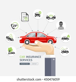 Car insurance services. Business hands holding red car. Vector Illustrations.