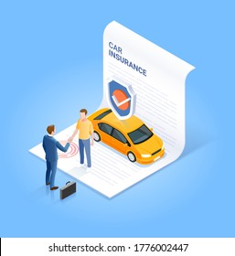 Car insurance services. Businessman shaking hand with customer on insurance contract document. Vector isometric illustration.