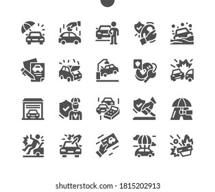 Car insurance services. Protection of car. Comprehensive car insurance. Third party, fire and theft. Vector Solid Icons. Simple Pictogram