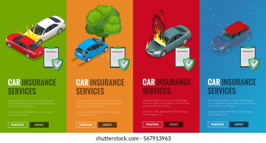 Car insurance services.  Protection from danger, providing security. Vector isometric illustration flat design. Web banners for website. Car insurance flayers