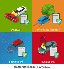 Car insurance services.  Protection from danger, providing security. Vector isometric illustration flat design. Web banners for website. Car insurance flayers