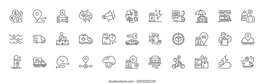 Car insurance, Shuttle bus and Pin line icons. Pack of Delivery bike, Fuel price, Flight destination icon. Truck delivery, Dog leash, Online storage pictogram. Truck transport. Line icons. Vector