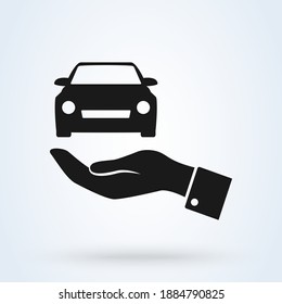 Car insurance sign icon or logo. Car with Care hands around concept. collision damage waiver illustration.
