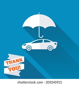 Car insurance sign icon. Protection symbol. White flat icon with long shadow. Paper ribbon label with Thank you text. Vector