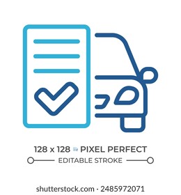 Car insurance two color line icon. Vehicle registration and coverage. Car and document with checkmark bicolor outline symbol. Duotone linear pictogram. Isolated illustration. Editable stroke