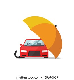 Car Insurance Vector Concept, Automobile Or Vehicle Protection, Flat Cartoon Auto Protected With Umbrella Illustration, Automobile Safety Icon Isolated On White Background